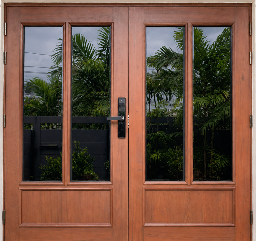 Made-to-spec solid Thai teak double door with glass panels